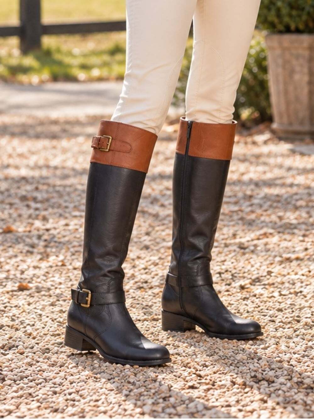 Bandolino Riding Boots 7.5 Leather Two Tone Black Brown Equestrian Knee High